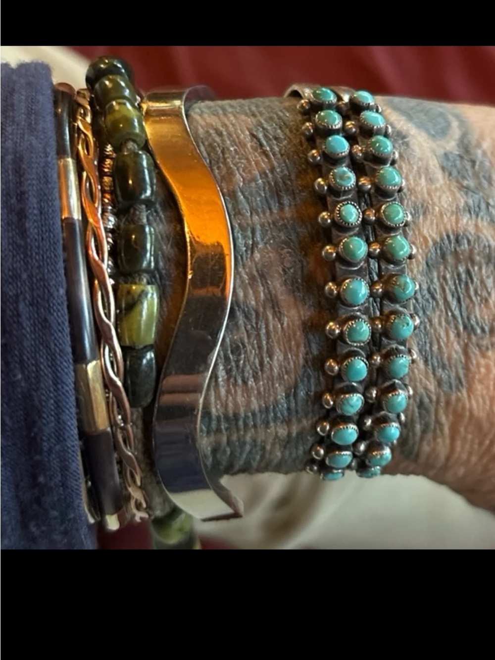 vintage Native sterling silver double-row "snake-eye" turquoise cuff